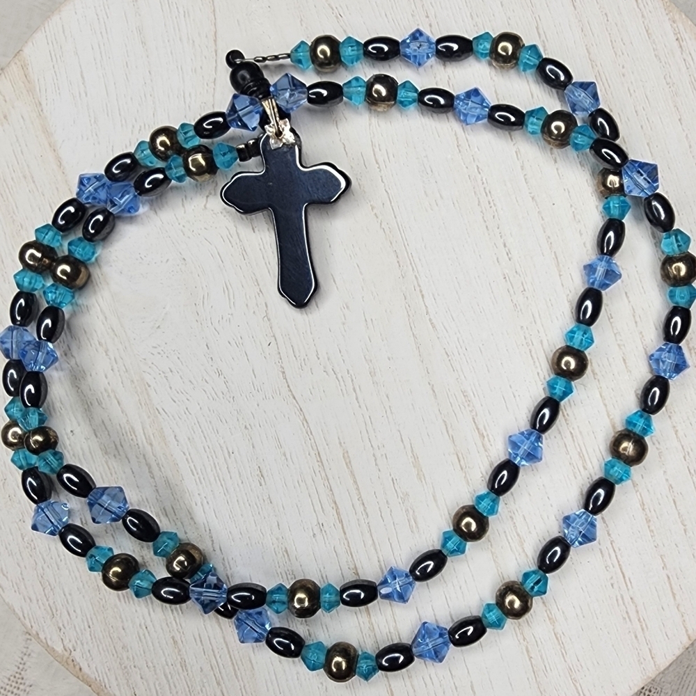 Hematite Beaded Cross Necklace. 24"